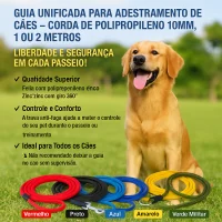 Guia unificada vermelha para adestramento exibida ao lado de um cão de porte médio sentado.
